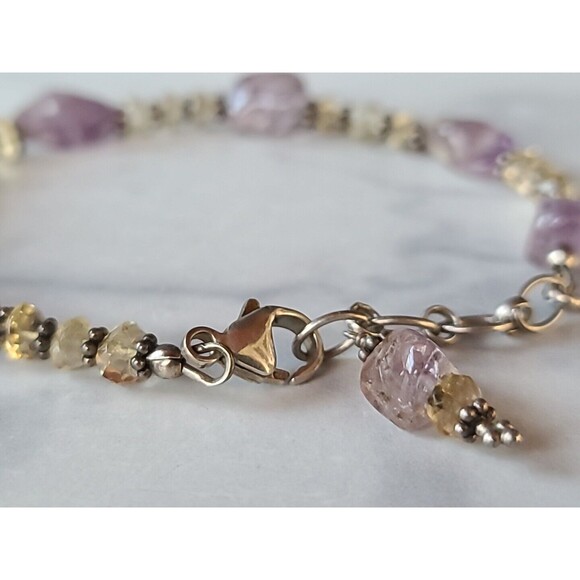 925 Sterling Silver Amethyst And Tourmaline Adjustable Beaded Bracelet Vintage - Picture 7 of 10